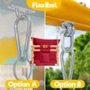 A split image showing two different mounting options for a baby swing. Option A shows the swing mounted indoors to a ceiling, and Option B shows it mounted outdoors to a frame. Produktbild-Vorschau
