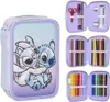 A collage of a Disney Stitch triple pencil case, showing the exterior and interior compartments filled with stationery. Voir les images du produit