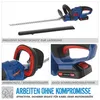 Collage of a cordless hedge trimmer, showing its blade, handle, and battery pack. Text highlights product features and benefits. Produktbild-Vorschau