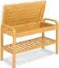 A shoe rack with a bench and storage, made of bamboo. Produktbild-Vorschau