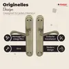 A product image showcasing two door handles with descriptive text and icons highlighting features. Produktbild-Vorschau