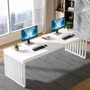 A long white desk with two computer setups, positioned in front of a large window overlooking a city. Anteprima dell’immagine prodotto