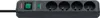 A close-up shot of a black power strip with four outlets, a green power switch, and some text and logos visible. Produktbild-Vorschau