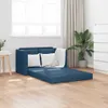 A blue sofa bed is shown in a room with a window and curtains. Produktbild-Vorschau