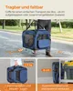 A person is carrying a blue dog carrier bag. The image is divided into sections showing different features and information about the product. Produktbild-Vorschau