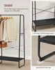 A product image showcasing a black clothing rack with clothes hanging on it, along with close-up details of its construction and features. Produktbild-Vorschau