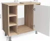 A 3D rendering of a bathroom vanity cabinet with shelves and a door. Náhled obrázku produktu