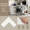A collage of images showing a white L-shaped desk, its features, and usage. Produktbild-Vorschau