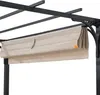 A close-up view of a beige fabric canopy with stripes, attached to a black metal pergola structure. Produktbild-Vorschau