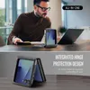 A man is working at a desk with a laptop and a foldable phone case. The bottom part of the image shows a close-up of the phone case. Produktbild-Vorschau