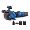 A blue and black power tool with a brush attachment, shown on a white background. Several brush attachments are displayed in the foreground. Produktbild-Vorschau