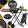 A collage of images showing a portable electric grill in various configurations, including assembled, folded, and with food. Produktbild-Vorschau