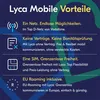 A dark blue background with green wavy lines and text listing the benefits of Lyca Mobile. Produktbild-Vorschau