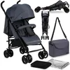 A collage of images showing a gray baby stroller in various states and with accessories. Anteprima dell’immagine prodotto