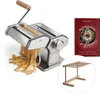 A collection of items for making pasta, including a pasta maker, a cookbook, and a drying rack. Produktbild-Vorschau