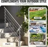 A collage of outdoor settings showcasing a stainless steel stair railing. The main image shows the railing on a staircase, with smaller inset images depicting a garden, a poolside hotel area, and a terrace. Podgląd zdjęcia produktu