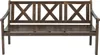 A dark brown wooden garden bench with a slatted seat and a decorative backrest with X-shaped supports. Produktbild-Vorschau