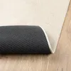 The underside and edge of a beige rug are shown, with the rug partially rolled back to reveal its black, non-slip backing. The rug is placed on a light-colored wooden floor. Produktbild-Vorschau