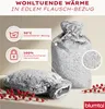 A fluffy gray hot water bottle with a cover is shown, with informational callouts about its features. Anteprima dell’immagine prodotto