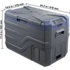 A gray and blue portable refrigerator with dimensions indicated by measurement lines. Produktbild-Vorschau