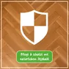 A shield icon is superimposed on a wooden floor, with a green banner below containing text. Produktbild-Vorschau