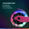 Close-up of a pink scooter wheel with colorful LED lights, with German text describing the features. Produktbild-Vorschau