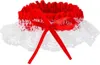 A red and white garter with a red ribbon bow, isolated on a white background. Produktbild-Vorschau