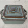 A square ceramic baking dish with a lid and handles, shown from a slightly elevated front angle on a textured light gray surface. Náhled obrázku produktu