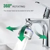A faucet with a water-saving shower head attachment, demonstrating its 360-degree rotation and water flow. Produktbild-Vorschau
