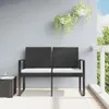 A black two-seater garden bench with white cushions is placed on a balcony. Náhled obrázku produktu