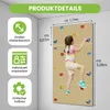 A young girl is climbing on a climbing wall mounted on a wall indoors. The image includes product details and dimensions. Produktbild-Vorschau