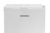A close-up front view of a white refrigerator. Produktbild-Vorschau