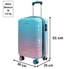 A blue and pink gradient suitcase with its handle extended, shown against a white background with dimensions indicated. Produktbild-Vorschau