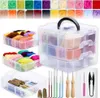 A collage of needle felting supplies, including wool roving, storage containers, and tools. Produktbild-Vorschau