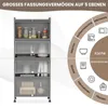 A gray multi-shelf storage cabinet with various kitchen items and decorative elements shown on shelves and in a circular diagram illustrating storage possibilities. Náhled obrázku produktu
