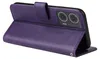 A purple flip phone case is shown open, displaying the inside of the case and the back of a phone. Produktbild-Vorschau