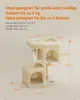A beige cat tree with dimensions and features highlighted with text and lines. Produktbild-Vorschau
