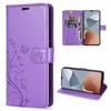 A collage of images showing a purple flip wallet case for a ZTE Blade A34 phone, including a view of the case open with cards inserted, and a view of the phone in the case standing up. Produktbild-Vorschau