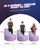 Three people are shown standing next to three different sized beanbag chairs, with measurements indicated. Produktbild-Vorschau