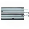 Two aluminum guide rails with black stripes and two metal clamps are shown against a white background. Produktbild-Vorschau