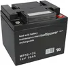 A black lead-acid battery with white text and logos. Voir les images du produit