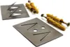 Two metal acoustic plates and yellow wall plugs with screws on a white background. Podgląd zdjęcia produktu
