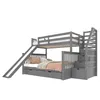 A gray bunk bed with a slide and stairs, set against a white background. Produktbild-Vorschau