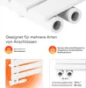Close-up view of a white radiator with text and icons highlighting its features and specifications. Produktbild-Vorschau