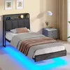 A bedroom scene featuring a twin-sized bed with a headboard, nightstand, and wall decor. Produktbild-Vorschau