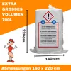 A large white bag of mineral wool is shown with dimensions and warning labels. An animated character is also present. Produktbild-Vorschau