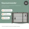 A marketing image for a bathroom cabinet, showcasing its features and interior. Produktbild-Vorschau