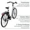 A white electric bicycle with descriptive text boxes highlighting its features. Produktbild-Vorschau