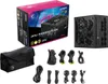 A product shot of a computer power supply unit, its packaging, and accessories, laid out on a white background. Produktbild-Vorschau
