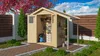 A wooden garden shed with its doors open, displaying tools and storage inside, set in a garden with a paved path and greenery. Produktbild-Vorschau